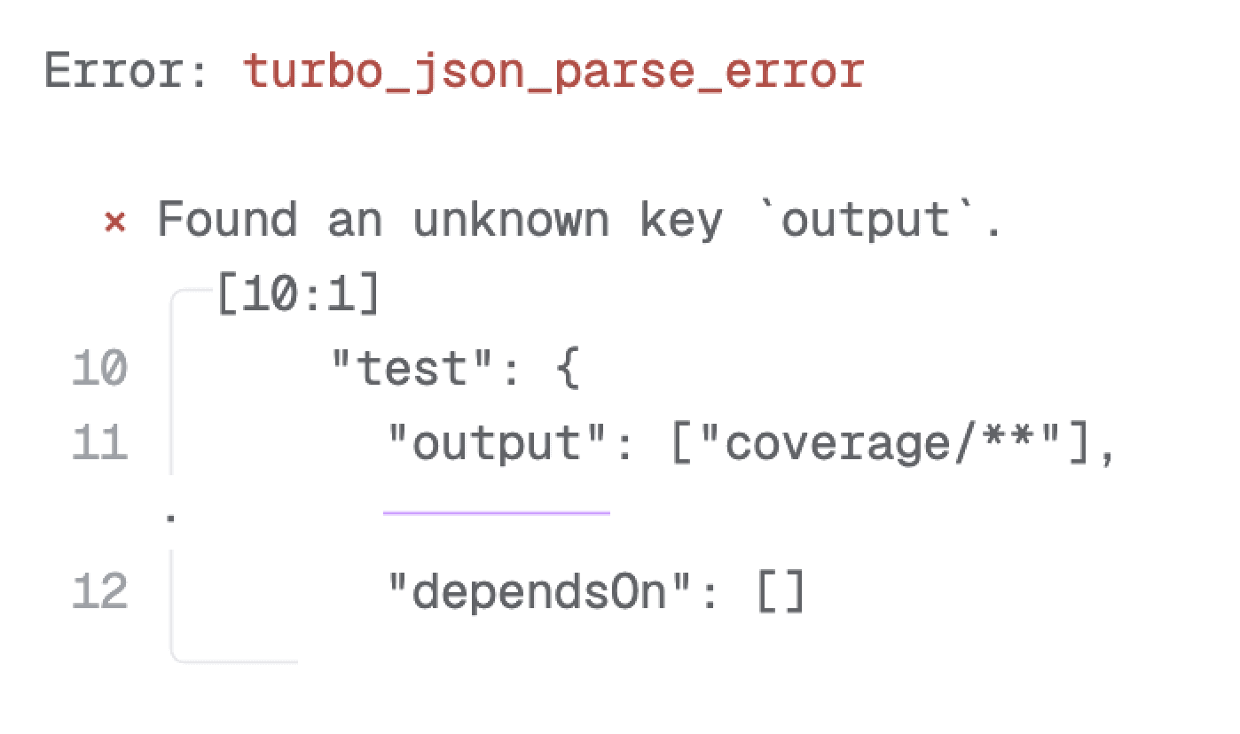 A screenshot of a terminal attempting to run a `turbo` task but receiving an informative error that an unknown key `output`, was found in the `turbo.json` file.